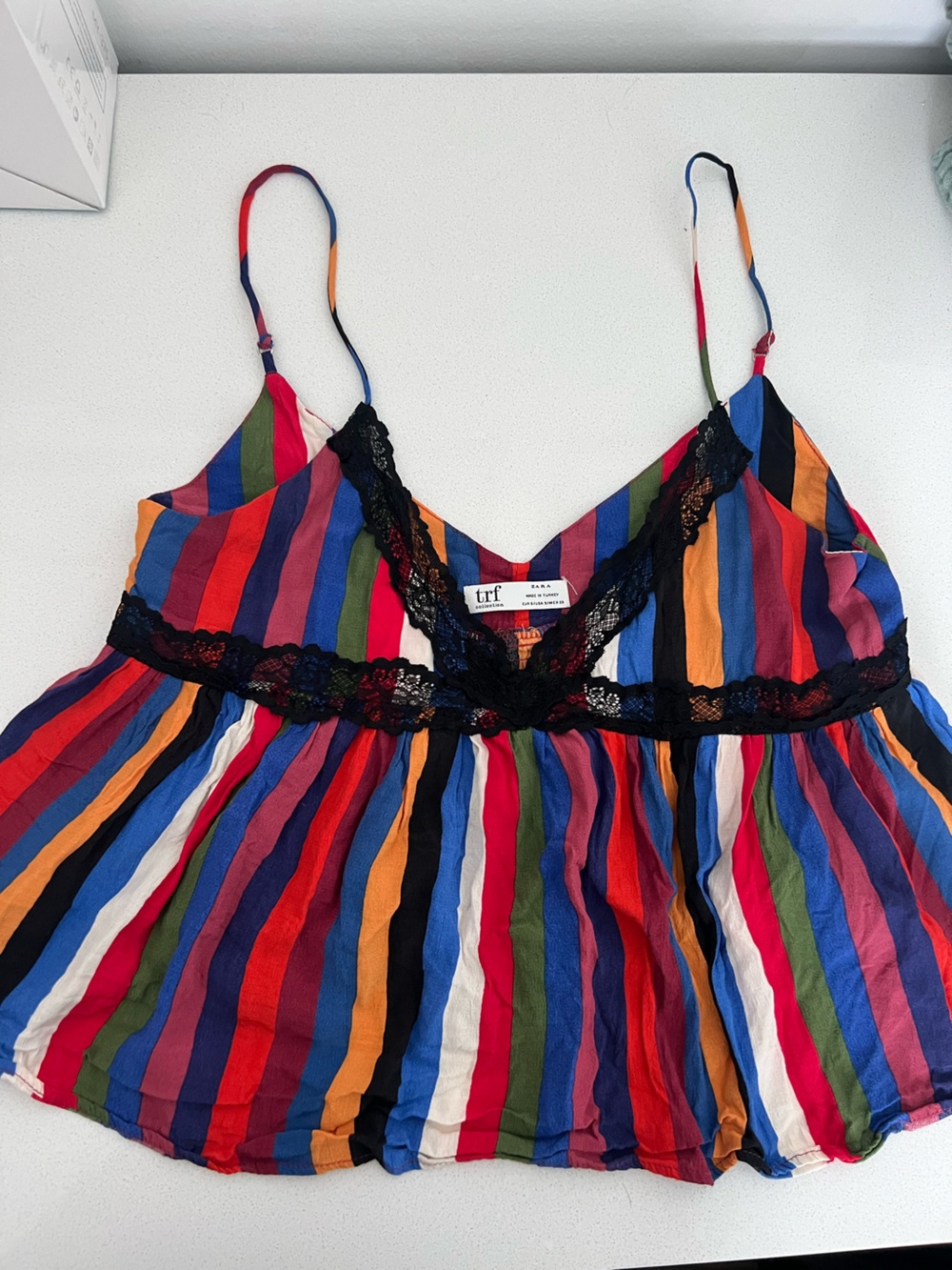 Zara Multicolor Striped Slip with Black Lace Trim
